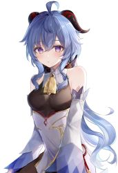Rule 34 | 1girl, ahoge, bad id, bad twitter id, bare shoulders, bell, black bodysuit, blue hair, blush, bodystocking, bodysuit, breasts, cowbell, detached sleeves, ganyu (genshin impact), genshin impact, goat horns, gold trim, highres, horns, long hair, looking at viewer, medium breasts, multicolored eyes, neck bell, parted lips, pudding cream, purple eyes, sidelocks, simple background, sitting, solo, waist cape, white background, white sleeves
