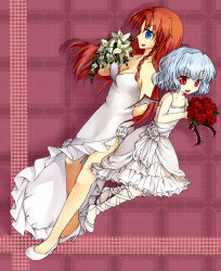 Rule 34 | 2girls, alternate costume, ankle lace-up, bat wings, blue eyes, braid, breasts, cleavage, cross-laced footwear, dress, dutch angle, female focus, flower, high heels, highres, hong meiling, long hair, medium breasts, multiple girls, red eyes, red hair, remilia scarlet, rose, shin-a, shoes, short hair, strapless, strapless dress, tachikoma (shin-a), touhou, twin braids, wings
