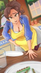 Rule 34 | 1girl, absurdres, apron, belly, belly grab, breasts, brown eyes, brown hair, creatures (company), diverp141618, earrings, food, game freak, gen 1 pokemon, highres, indoors, jewelry, large breasts, leaning forward, looking at viewer, mature female, mother (pokemon), mr. mime, nintendo, open mouth, paldea mother, pants, plump, pokemon, pokemon sv, raised eyebrows, shirt, short hair, sleeves past elbows, smile, solo, standing, tongue, tongue out, white pants, window, yellow apron