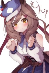 Rule 34 | blush, breasts, cabbie hat, clenched hands, commentary request, ei ei mun!, hair ornament, hairclip, hat, highres, horse girl, looking at viewer, matikane tannhauser (umamusume), medium breasts, medium hair, ribbon, sazamiso rx, simple background, smile, umamusume, white background, yellow eyes