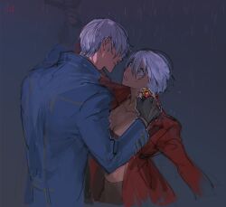 1boy 1girl belt_bra black_gloves blue_coat blue_eyes breasts coat collarbone commentary_request dante_(devil_may_cry) devil_may_cry devil_may_cry_(series) devil_may_cry_3 fingerless_gloves genderswap genderswap_(mtf) gloves gold_necklace grey_background hair_between_eyes holding holding_hands holding_jewelry holding_necklace jewelry korean_commentary looking_at_another medium_breasts mlxgdog necklace open_clothes open_coat rain rebellion_(sword) red_coat short_hair signature simple_background vergil_(devil_may_cry) white_hair