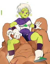 Rule 34 | 1boy, 1girl, afterimage, armor, bodysuit, boots, breastplate, breasts, brekkist, broly (dragon ball super), cameltoe, cheelai, clothed female nude male, colored skin, commentary, covered erect nipples, dragon ball, dragon ball super, dragon ball super broly, english commentary, erection, gloved handjob, gloves, green skin, grey hair, grinding, handjob, heavy breathing, height difference, hetero, highres, huge penis, interspecies, looking at viewer, medium breasts, nervous smile, nude, off shoulder, pectorals, penis, penis awe, pink eyes, pointy footwear, pov, purple bodysuit, pussy juice stain, shoes, short hair, smile, solo focus, spread legs, straddling, sweat, uncensored, wet, wet clothes, white gloves