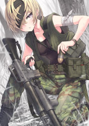 Rule 34 | 1girl, 40x46mm lv, ammunition, ar-15, assault rifle, bandaged arm, bandages, belt, between breasts, breasts, brown hair, canteen, colt&#039;s manufacturing company, colt defense, colt firearms, colt industries, cowboy shot, explosive, green pants, green vest, grenade, grenade cartridge, grenade launcher, grey background, gun, hair over one eye, hand grenade, highres, large-caliber cartridge, leaning forward, less-than-lethal weapon, looking at viewer, m16, m16a1, m18 smoke grenade, original, pants, prototype design, rifle, samaru (seiga), short hair, small breasts, smoke grenade, solo, strap between breasts, tank top, underbarrel grenade launcher, vest, weapon, xm148