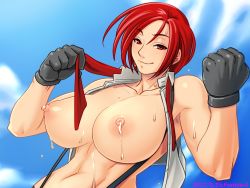 Rule 34 | 1girl, black gloves, breasts, clenched hand, eyebrows, fushisha o, gloves, huge breasts, lactation, looking at viewer, mature female, navel, necktie, unworn necktie, nipples, no bra, open clothes, open vest, red eyes, red hair, short hair, smile, solo, suspenders, sweat, the king of fighters, toned, vanessa (kof), vest