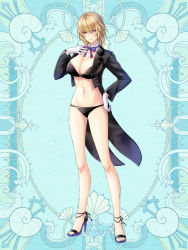 Rule 34 | 1girl, bikini, black bikini, black jacket, blonde hair, blue background, breasts, cleavage, commission, full body, gloves, hand on own hip, hand up, hi-na1, jacket, kerberos blade, large breasts, long sleeves, looking at viewer, navel, purple ribbon, ribbon, sandals, short hair, simple background, solo, standing, swimsuit, white gloves