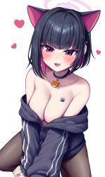 Rule 34 | 1girl, absurdres, animal ears, bare shoulders, black choker, black hair, black jacket, black pantyhose, blue archive, blush, breasts, cat ears, cat girl, choker, cleavage, commentary request, extra ears, fang, hair ornament, hairclip, halo, heart, highres, jacket, kazusa (blue archive), large breasts, long sleeves, looking at viewer, metaljelly, off shoulder, open mouth, pantyhose, partially unzipped, pink hair, pink halo, puffy long sleeves, puffy sleeves, red eyes, short hair, simple background, smile, solo, squatting, white background