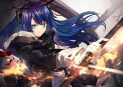 Rule 34 | 1girl, arknights, black jacket, blue eyes, blue hair, commentary request, fire, fukuzawa yukichi (egoist867), fur-trimmed jacket, fur trim, gloves, halo, highres, holding, holding staff, horns, jacket, long hair, long sleeves, looking at viewer, mostima (arknights), originium arts (arknights), partial commentary, smile, solo, staff, upper body, white gloves