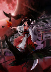 Rule 34 | 1girl, absurdres, alternate costume, architecture, bbkid, bird, black hair, crow, east asian architecture, expressionless, hand fan, feathers, hat, highres, japanese clothes, lips, looking away, m.u.g.e.n, open mouth, shameimaru aya, solo, sword, tokin hat, touhou, weapon, yellow eyes
