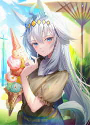 Rule 34 | 1girl, ahoge, alternate costume, animal ears, bag, blush, brown bag, brown shirt, casual, clothing cutout, commentary request, cowboy shot, ear ornament, food, grey hair, hair between eyes, hairband, highres, holding food, holding ice cream, horse ears, horse girl, horse tail, ice cream, ice cream cone, jewelry, lens flare, long hair, looking at viewer, multicolored hair, necklace, negimapurinn, oguri cap (umamusume), outdoors, pants, puffy short sleeves, puffy sleeves, shirt, short sleeves, shoulder bag, smile, solo, streaked hair, tail, tail through clothes, umamusume