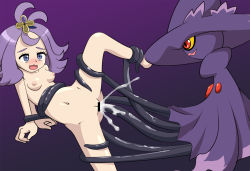 Rule 34 | 10s, 1girl, :3, acerola (pokemon), arms behind back, bar censor, blush, breasts, censored, creatures (company), cum, ejaculation, elite four, game freak, gen 4 pokemon, green-ninja, hair ornament, highres, looking at another, mismagius, navel, nintendo, nipples, npc trainer, nude, pokemon, pokemon (creature), pokemon sm, profile, purple eyes, purple hair, pussy, restrained, simple background, small breasts, tentacle sex, tentacles, trial captain