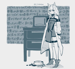 Rule 34 | 1girl, animal ears, arknights, blue theme, boots, breasts, cat ears, chest of drawers, coat, dress, full body, highres, kal&#039;tsit (arknights), looking at viewer, microwave, mirin chikuwa, off-shoulder dress, off shoulder, open clothes, open coat, short hair with long locks, simple background, small breasts, solo, spill, translation request, twitter username, white background