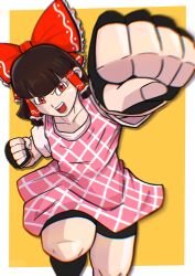 Rule 34 | 1girl, apron, black gloves, black shorts, blunt bangs, bow, brown hair, commentary request, cookie (touhou), feet out of frame, fingerless gloves, fingernails, flat chest, frilled bow, frilled hair tubes, frills, gloves, hair bow, hair tubes, hakurei reimu, highres, incoming attack, incoming punch, looking at viewer, medium bangs, medium hair, motion blur, open mouth, orange eyes, parody, pink apron, punching, red bow, rurima (cookie), shirt, short sleeves, shorts, sidelocks, simple background, solo, style parody, tatamaru5382, teeth, toriyama akira (style), touhou, two-tone background, v-shaped eyebrows, white background, white shirt, yellow background