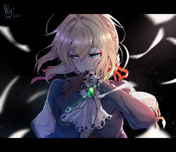 Rule 34 | 10s, 1girl, blonde hair, blue eyes, blue jacket, braid, breasts, brooch, brown gloves, d-cao, dress, glove in mouth, gloves, hair between eyes, hair intakes, hair ribbon, jacket, jewelry, long hair, long sleeves, looking down, mechanical hands, mouth hold, prosthesis, prosthetic arm, prosthetic hand, red ribbon, ribbon, single mechanical hand, solo, upper body, violet evergarden, violet evergarden (series)