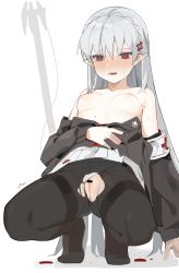 Rule 34 | 1girl, absurdres, arknights, armband, bar censor, black jacket, black pantyhose, blood, blush, braid, breasts, censored, cleft of venus, commentary request, commission, crown braid, detached sleeves, dress, embarrassed, french braid, full body, hair between eyes, hair ornament, highres, jacket, long hair, long sleeves, nipples, open clothes, open mouth, pale skin, pantyhose, partial commentary, pointy ears, pussy, red eyes, sidelocks, skeb commission, small breasts, solo, squatting, staff, sweat, torn clothes, torn pantyhose, v-shaped eyebrows, vampire, very long hair, warfarin (arknights), white dress, white hair, yuki hotaru