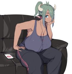 Rule 34 | 1girl, animal ears, blue eyes, breasts, breasts on lap, cable divider, casual, cellphone, cleavage, commentary request, couch, cow ears, cow girl, cow horns, curvy, dark-skinned female, dark skin, earbuds, earphones, earrings, eyes visible through hair, green eyes, green hair, hand on own hip, head rest, horns, huge breasts, jewelry, leaning forward, listening to music, no bra, original, pants, phone, sagging breasts, short hair, short ponytail, sitting, sketch, smartphone, solo, sweatpants, tank top, thick eyebrows, thick thighs, thighs, toyosaka momo (nekoarashi), white background, yana (nekoarashi)