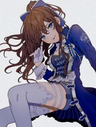 Rule 34 | 1girl, blue bow, blue coat, blue eyes, blue shorts, bow, brown hair, coat, dot nose, earrings, feet out of frame, gloves, grey background, hair bow, head tilt, ichinose shiki, idolmaster, idolmaster cinderella girls, index finger raised, iwawa, jewelry, long sleeves, looking at viewer, ponytail, shorts, sidelocks, solo, thigh strap, thighhighs, white gloves, white thighhighs
