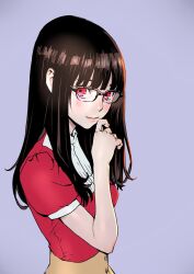 Rule 34 | 1girl, black-framed eyewear, black hair, blush, breasts, buttons, collared shirt, commentary, glasses, hand to own mouth, hand up, high-waist skirt, highres, blue background, long hair, looking at viewer, looking to the side, nose blush, original, over-rim eyewear, peco (pockleberry), pink lips, rectangular eyewear, red eyes, red shirt, semi-rimless eyewear, shirt, shirt tucked in, short sleeves, simple background, skirt, small breasts, solo, two-tone shirt, upper body, white shirt, yellow skirt