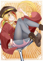 Rule 34 | 1girl, black pantyhose, blonde hair, boots, border, brown footwear, cocktail glass, commentary request, cup, drinking glass, floating hair, foot out of frame, green hair, grin, hand on headwear, hat, highres, kepi, knees up, long hair, looking at viewer, military hat, multicolored hair, neck ribbon, nikaidou saki, pantyhose, piyopoyo, red hair, red robe, red shorts, ribbon, robe, shorts, sitting, smile, solo, streaked hair, very long hair, white border, yellow eyes, zombie land saga