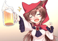 Rule 34 | :d, alcohol, animal ears, beer, beer mug, blush, brooch, brown hair, capelet, closed eyes, cup, dress, drunk, fangs, highres, holding, holding cup, imaizumi kagerou, jewelry, karasuma amiru, long sleeves, mug, off-shoulder dress, off shoulder, open mouth, red capelet, red hood, skin fangs, smile, touhou, wide sleeves, wolf ears, wolf girl