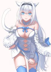 Rule 34 | 1girl, absurdres, animal ear fluff, animal ears, argyle, argyle clothes, argyle cutout, bare shoulders, blue bow, blue eyes, blue ribbon, blue thighhighs, blush, bow, breasts, cat ears, cat girl, cat tail, cleavage, clothing cutout, detached collar, detached sleeves, dobrynya nikitich (fate), dress, fate/grand order, fate (series), fur trim, hair bow, hairband, highres, large breasts, long hair, looking at viewer, low ponytail, natu zame, navel, ribbon, short dress, solo, tail, thighhighs, thighs, white dress, white hair