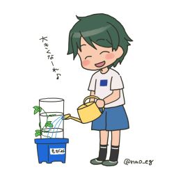 Rule 34 | 1girl, blue skirt, blush stickers, closed eyes, commentary request, full body, green hair, kantai collection, mogami (kancolle), nao (nao eg), official alternate costume, plant, potted plant, shirt, short hair, simple background, skirt, smile, solo, swept bangs, t-shirt, translation request, twitter username, watering, watering can, white background, white shirt