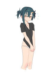 Rule 34 | 1girl, absurdres, asymmetrical hair, black shirt, blouse, blush, clothes pull, cropped legs, embarrassed, flat chest, flying sweatdrops, green hair, highres, original, panties, redauto, shirt, shirt pull, short hair, short twintails, simple background, sketch, solo, sweatdrop, twintails, underwear, white background, white panties, yellow eyes
