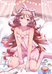 Rule 34 | 1girl, animal ears, arknights, book, breasts, brown hair, cleavage, cup, eyjafjalla (arknights), highres, horns, long hair, looking at viewer, mechanical pencil, memetaroh, on bed, pajamas, pencil, pillow, pink pajamas, red eyes, sheep ears, sheep girl, sheep horns, small breasts, smile, solo, tea, teacup