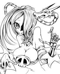 Rule 34 | 1boy, 1girl, bone, breasts, cleavage, collar, detached sleeves, hair over one eye, highres, large breasts, leviathan (skullgirls), monochrome, monster girl, parasite, sangyou haikibutsu (turnamoonright), single twintail, skull, skullgirls, smile, squigly (skullgirls), stitched mouth, stitches, zombie