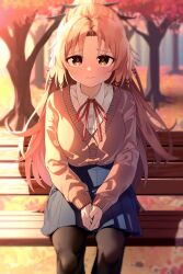 Rule 34 | 1girl, absurdres, alternate costume, arknights, bench, bird tail, black pantyhose, blue skirt, blush, bow, brown eyes, brown sweater, feather hair, highres, killizard, long hair, long sleeves, looking at viewer, orange hair, orange pupils, outdoors, pantyhose, pinecone (arknights), pleated skirt, ponytail, red bow, sitting, skirt, solo, sweater, tail, wavy mouth, white skirt