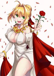 Rule 34 | 10s, 1girl, :d, blonde hair, blush, bracelet, breasts, bridal gauntlets, cleavage, cowboy shot, dress, fate/extra, fate (series), flower, green eyes, hair intakes, hair ribbon, highres, jewelry, large breasts, looking at viewer, nero claudius (fate), nero claudius (fate) (all), nero claudius (fate/extra), nero claudius (formal dress) (fate), official alternate costume, open mouth, petals, red flower, red rose, ribbon, rose, rose petals, smile, solo, urayama (backmountain), white dress