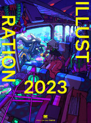 Rule 34 | 2girls, :p, absurdres, akanbe, bus interior, eyelid pull, hanabushi, hat, highres, monster girl, multiple girls, original, overalls, red eyes, shirt, submarine, swimming, tongue, tongue out, underwater, watercraft