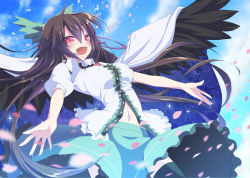 Rule 34 | 1girl, bad id, bad pixiv id, bird wings, black thighhighs, black wings, blue sky, bow, breasts, brown hair, cape, cloud, day, fang, female focus, hair bow, happy, long hair, medium breasts, midriff, navel, oota minoru, open mouth, outstretched arms, petals, pink eyes, reiuji utsuho, shirt, skirt, sky, smile, solo, space, star (symbol), thighhighs, third eye, touhou, very long hair, wings, zettai ryouiki