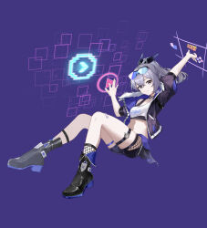 Rule 34 | 1girl, absurdres, arm up, bare legs, black footwear, black jacket, boots, candy shunya, choker, commentary request, crop top, fishnets, grey eyes, grey hair, hand up, highres, honkai: star rail, honkai (series), jacket, long hair, looking at viewer, midriff, navel, open clothes, open jacket, ponytail, purple background, shirt, short sleeves, silver wolf (honkai: star rail), single-shoulder shirt, smile, solo, stomach, thigh strap, thighs, white shirt