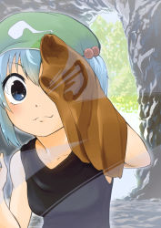 Rule 34 | 1girl, against glass, blue eyes, blue hair, blush, cave, cleaning, fourth wall, hair bobbles, hair ornament, hat, highres, kaibu222, kawashiro nitori, matching hair/eyes, short hair, smile, solo, tank top, touhou, twintails, two side up, upper body, wallpaper, wiping
