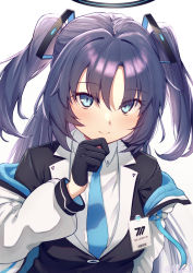 Rule 34 | 1girl, black gloves, black jacket, blue archive, blue eyes, blue ribbon, blush, closed mouth, coat, collared shirt, commentary request, fal (fal-se-0), gloves, halo, hand on own chin, highres, jacket, looking at viewer, necktie, open clothes, open coat, parted bangs, purple hair, ribbon, shirt, simple background, smile, solo, twitter username, two side up, upper body, white background, white coat, white shirt, yuuka (blue archive)