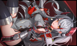 Rule 34 | 1girl, :p, absurdres, antenna hair, azur lane, bare hips, breasts, buttons, cake, cake slice, cross, double-breasted, dress, dutch angle, food, food on face, fork, garter straps, gloves, grey dress, grey gloves, grey thighhighs, hair between eyes, headgear, highres, holding, holding plate, honeycomb (pattern), iron cross, kyudong., large breasts, long hair, long sleeves, looking at viewer, multicolored hair, orange eyes, plate, prinz eugen (azur lane), red hair, short dress, sideboob, silver hair, sitting, smile, solo, streaked hair, swept bangs, thighhighs, tongue, tongue out, two side up, very long hair