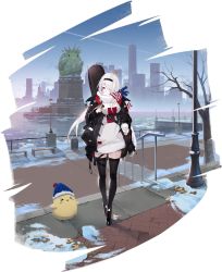 Rule 34 | 1girl, azur lane, bird, black footwear, black jacket, black thighhighs, chuzenji, coffee, colorado (azur lane), colorado (traveling melody) (azur lane), cup, hair ornament, hairband, highres, holding, holding cup, instrument, jacket, long hair, looking at viewer, manjuu (azur lane), official alternate costume, official art, one eye covered, outdoors, red eyes, scarf, snow, standing, thighhighs, transparent background, white hair