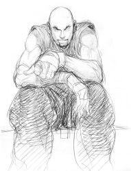 Rule 34 | 1boy, bald, capcom, concept art, dougi, eyebrows, facial hair, goatee, greyscale, ikeno daigo, king cobra kai, male focus, monochrome, muscular, official art, pointing, pointing at viewer, sitting, sketch, sleeveless, solo, street fighter, street fighter iv (series), thick eyebrows