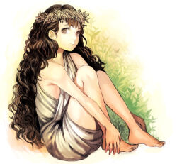Rule 34 | 1girl, ancient greek clothes, bare legs, bare shoulders, barefoot, black hair, closed mouth, costume request, curly hair, full body, greco-roman clothes, greek mythology, happy, long hair, nagu, original, persephone (mythology), single strap, smile, solo, very long hair