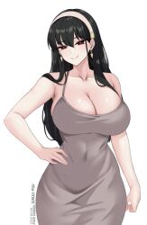Rule 34 | 1girl, absurdres, amai-pai, black hair, breasts, cleavage, closed mouth, dongtan dress, dress, earrings, fanbox username, grey dress, hair between eyes, hairband, hand on own hip, highres, jewelry, large breasts, long hair, looking at viewer, meme attire, patreon username, red eyes, sidelocks, sleeveless, sleeveless dress, smile, solo, spy x family, taut clothes, taut dress, white hairband, yor briar