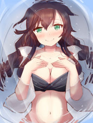 Rule 34 | 1girl, bikini, black bikini, braid, breasts, brown hair, cleavage, commentary request, green eyes, highres, kantai collection, large breasts, long hair, looking at viewer, noshiro (kancolle), official alternate costume, open clothes, open shirt, parted lips, pink hair, sawatani (chevalier 04056), shirt, smile, solo, swept bangs, swimsuit, twin braids, upper body, water, white shirt