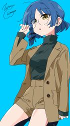 Rule 34 | 1girl, :o, absurdres, alternate costume, artist name, bespectacled, black sweater, blue background, blue hair, bocchi the rock!, brown jacket, brown shorts, commentary, glasses, highres, jacket, long sleeves, open clothes, open jacket, short hair, shorts, simple background, solo, sweater, yamada ryo, yellow eyes, zetsuyo chimayo