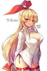 Rule 34 | 1girl, :o, arched back, arms behind back, artist name, black panties, blonde hair, blush, breasts, cleavage, collared shirt, commentary request, commission, cowboy shot, dress shirt, hair between eyes, hair ribbon, hairband, highres, jewelry, korean commentary, large breasts, long hair, long sleeves, looking at viewer, low-tied long hair, maett, necklace, no bra, no pants, open mouth, original, panties, red eyes, red hairband, red ribbon, ribbon, shirt, side-tie panties, sidelocks, simple background, sleeves past wrists, solo, standing, thighhighs, underwear, very long hair, white background, white shirt, white thighhighs