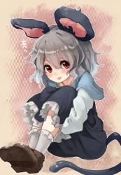 Rule 34 | 1girl, :p, animal ears, blush, capelet, dress, female focus, grey dress, grey hair, hugging own legs, long sleeves, looking at viewer, mouse ears, mouse tail, nazrin, red eyes, sitting, smile, solo, tail, tongue, tongue out, touhou, yuya (night lily)