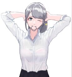 Rule 34 | 1girl, adjusting hair, arms up, blue eyes, blunt bangs, hair tie, highres, hyoshiki, long hair, looking at viewer, mouth hold, one eye closed, original, pale skin, see-through, shirt, simple background, solo, tareme, white background, white shirt