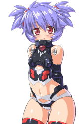 Rule 34 | 10s, 1girl, altines, arms behind back, bad id, bad pixiv id, bare shoulders, blue hair, blush, busou shinki, dd (ijigendd), doll joints, joints, midriff, navel, red eyes, solo, thigh gap, thighs, twintails