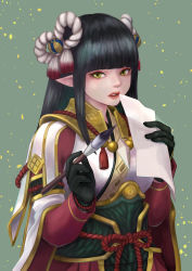Rule 34 | 1girl, absurdres, black hair, blunt bangs, capcom, expressionless, green background, hair ornament, highres, holding, jiimusume, long hair, looking at viewer, minoto, monster hunter (series), monster hunter rise, open mouth, paintbrush, paper, pointy ears, simple background, solo, upper body, yellow eyes