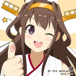 Rule 34 | 10s, 1girl, 2015, ;d, artist name, bare shoulders, blush, brown hair, collarbone, dated, headgear, kantai collection, kongou (kancolle), long hair, looking at viewer, mitya, nontraditional miko, one eye closed, open mouth, purple eyes, simple background, smile, solo, star (symbol), sunburst, thumbs up