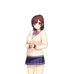 Rule 34 | 1girl, akeiro kaikitan, blue skirt, bow, breasts, brown hair, game cg, green eyes, happy, hinamori kana, large breasts, legs, long sleeves, looking at viewer, own hands together, ponytail, school uniform, simple background, skirt, smile, solo, standing, sumeragi kohaku, sweater, thighs, white background