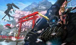 Rule 34 | 2boys, 3girls, architecture, black hair, black legwear, brown eyes, brown hair, cherry blossoms, clenched teeth, east asian architecture, glowing, glowing eye, gun, highres, horns, japanese clothes, kimono, mask, mecha, mountain, multiple boys, multiple girls, original, robot, sandals, signature, single horn, solo focus, teeth, tengu mask, thighhighs, torii, twintails, vanipo, waving, weapon